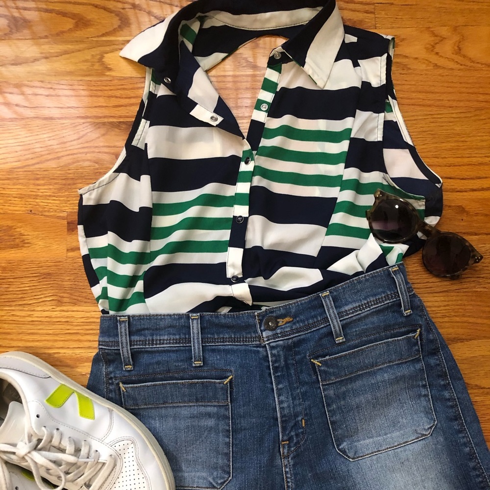 Green & Blue Striped Collared Button Down Tank